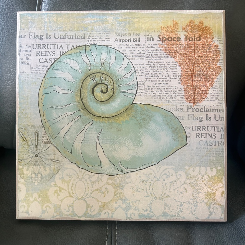 Nautical Blue and Orange Shell Art Print 12”x12”